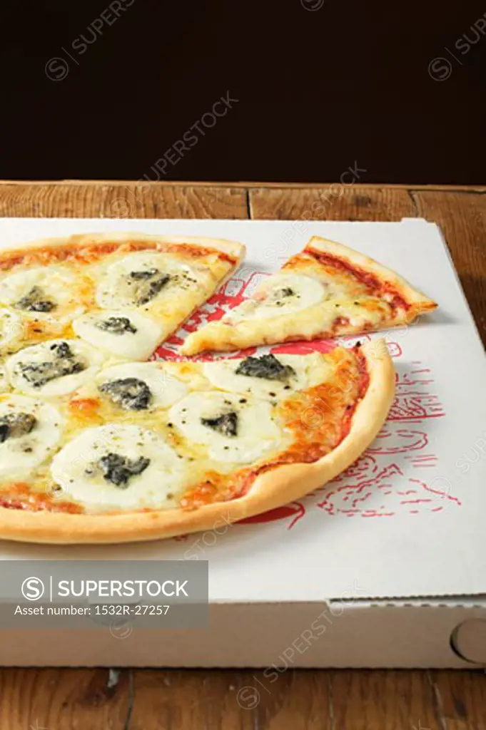 American-style three cheese pizza on pizza box