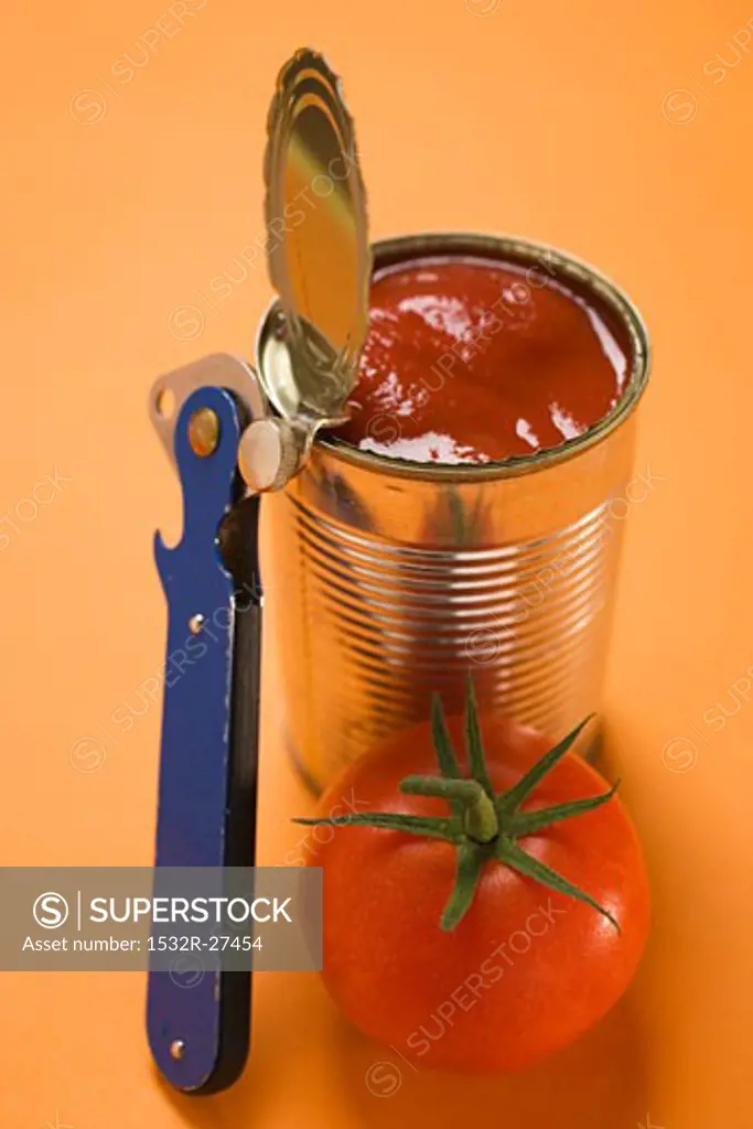Fresh tomato beside opened food tin