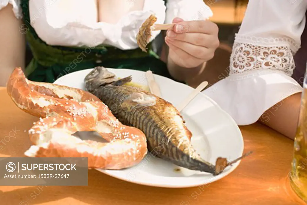 Steckerlfisch (fish on stick) & pretzel (Oktoberfest, Munich)