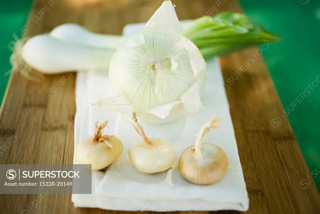 Various types of onions on chopping board