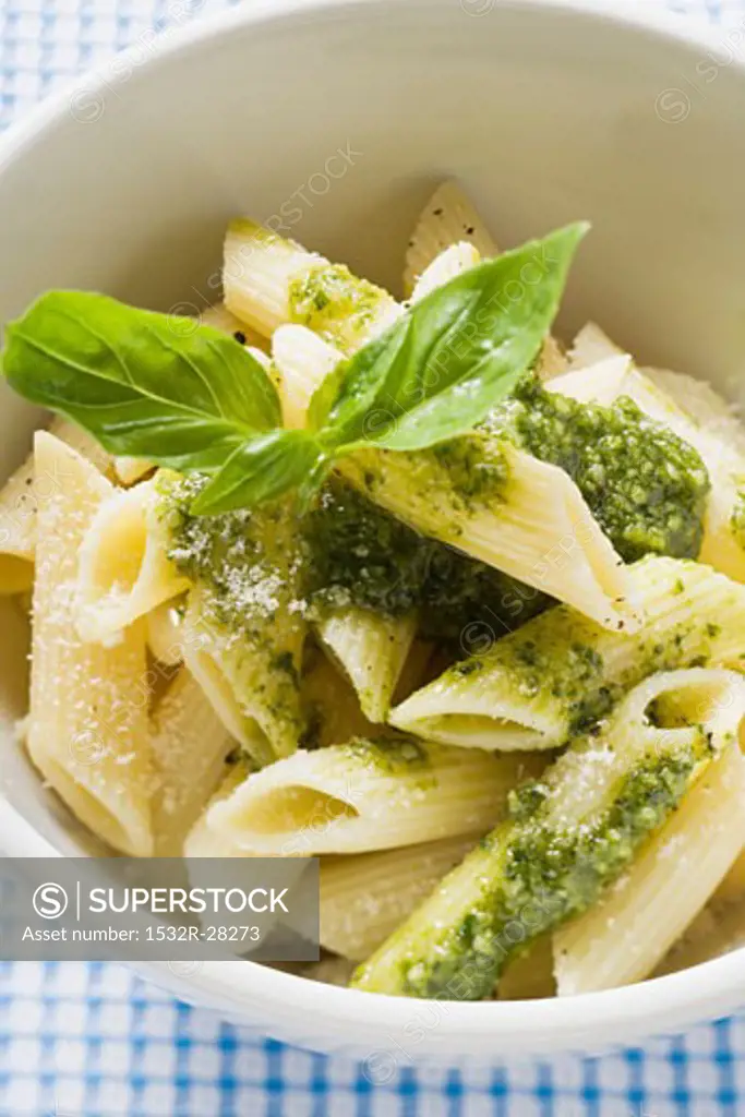 Penne with pesto and fresh basil