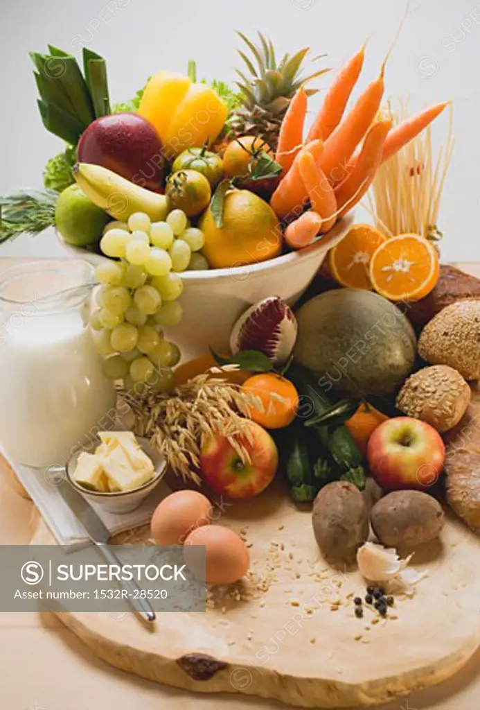 Fresh vegetables, fruit, eggs, butter, milk & wholemeal bread