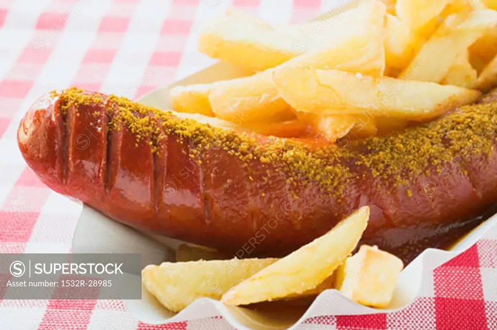 Sausage with ketchup & curry powder & chips in paper dish (close-up)