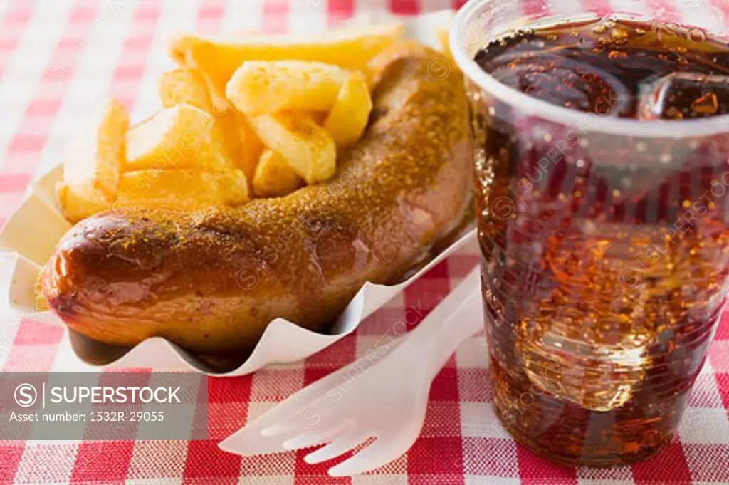 Sausage with ketchup & curry powder, chips & cola in restaurant