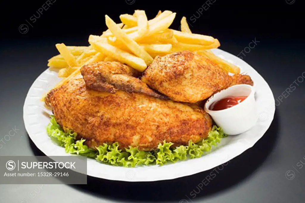 Half a roast chicken with chips on paper plate