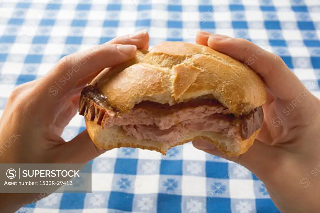 Hands holding Leberkäse in bread roll, partly eaten