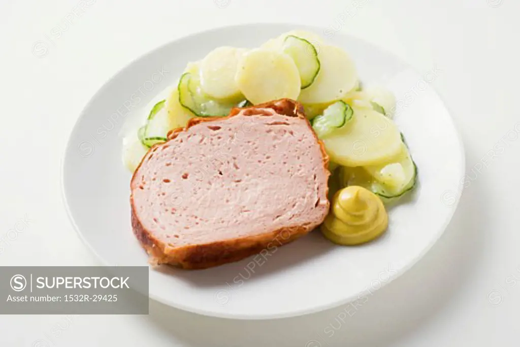 Leberkäse (type of meatloaf) with mustard and potato salad