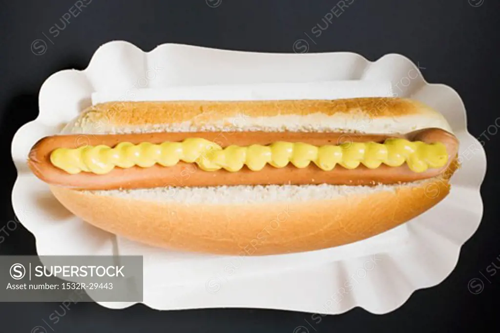 Hot dog with mustard in paper dish