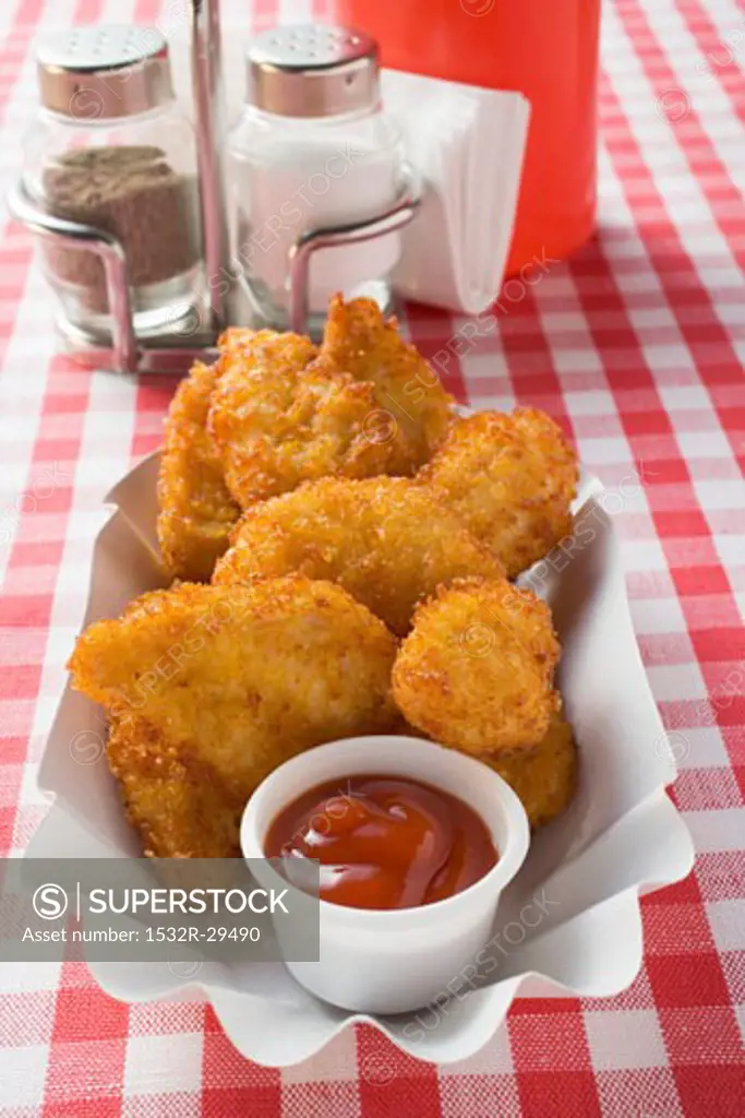 Chicken nuggets with ketchup in paper dish in snack bar