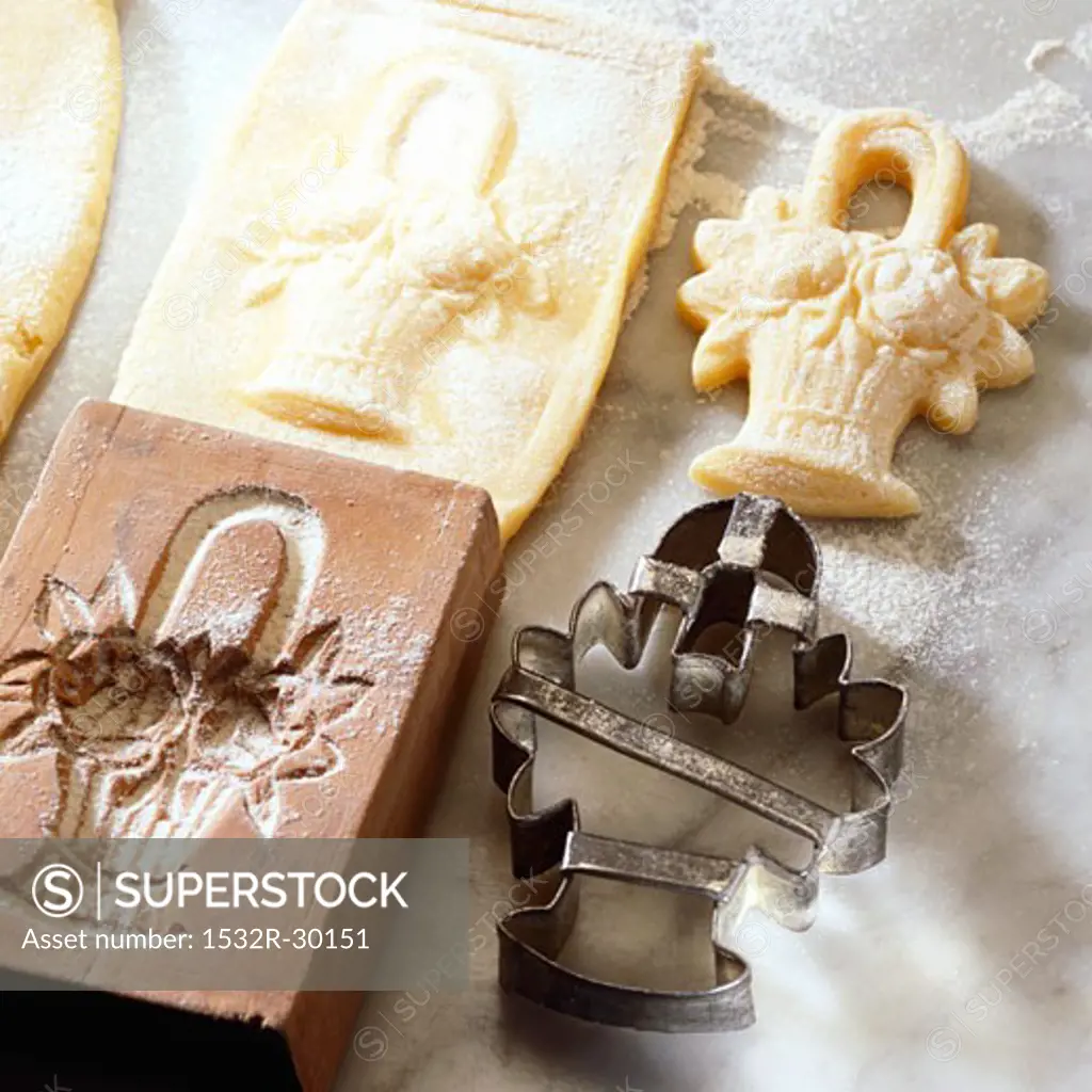 Springerle cookies, wooden moulden and matching cutter