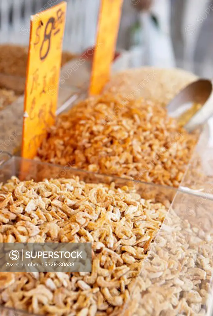 Dried shrimps on market stall (Chinatown, Vancouver, Canada)