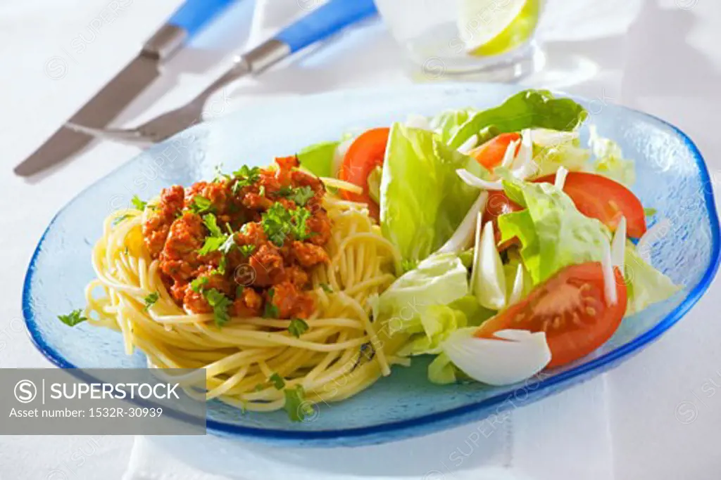 Diet lunch: spaghetti (low-fat preparation) and salad