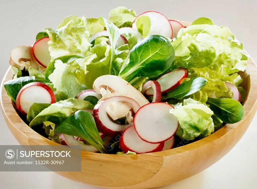 Mixed salad leaves with radishes & mushrooms in wooden bowl