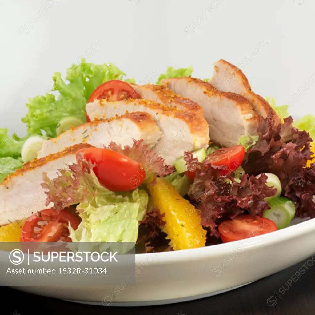 Plate of salad with sliced turkey