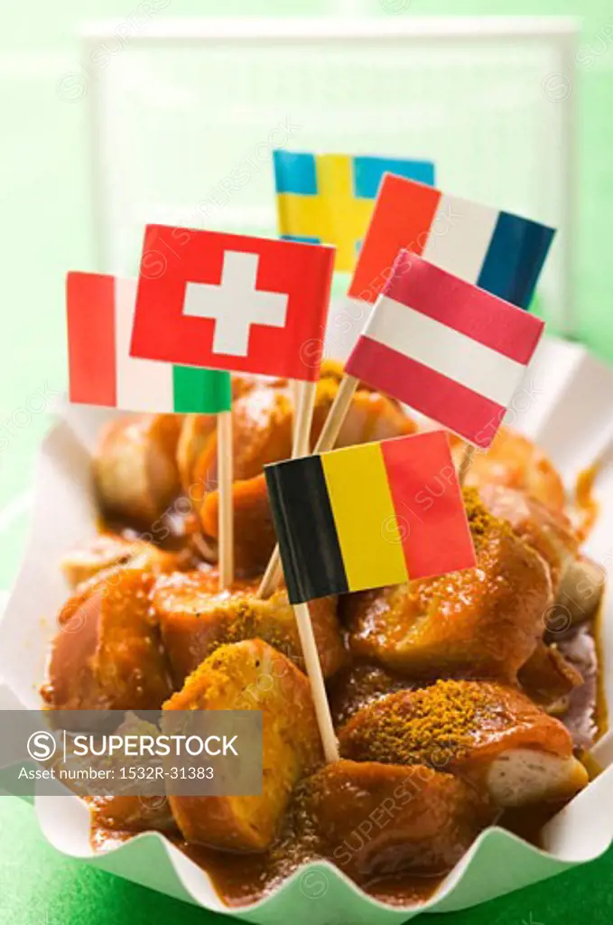 Currywurst (sausage with curry sauce) with European flags