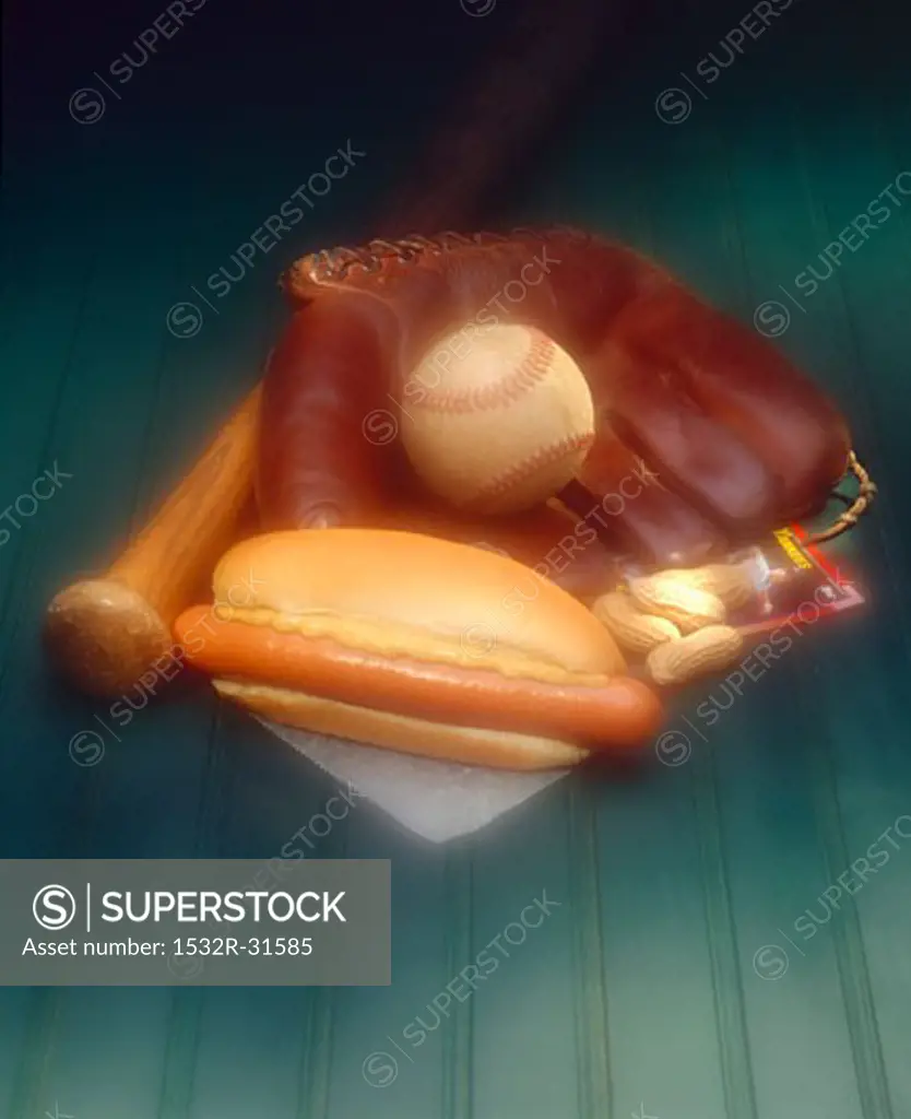 Hot Dog on a Bun with Mustard; Baseball Glove, Bat and Ball