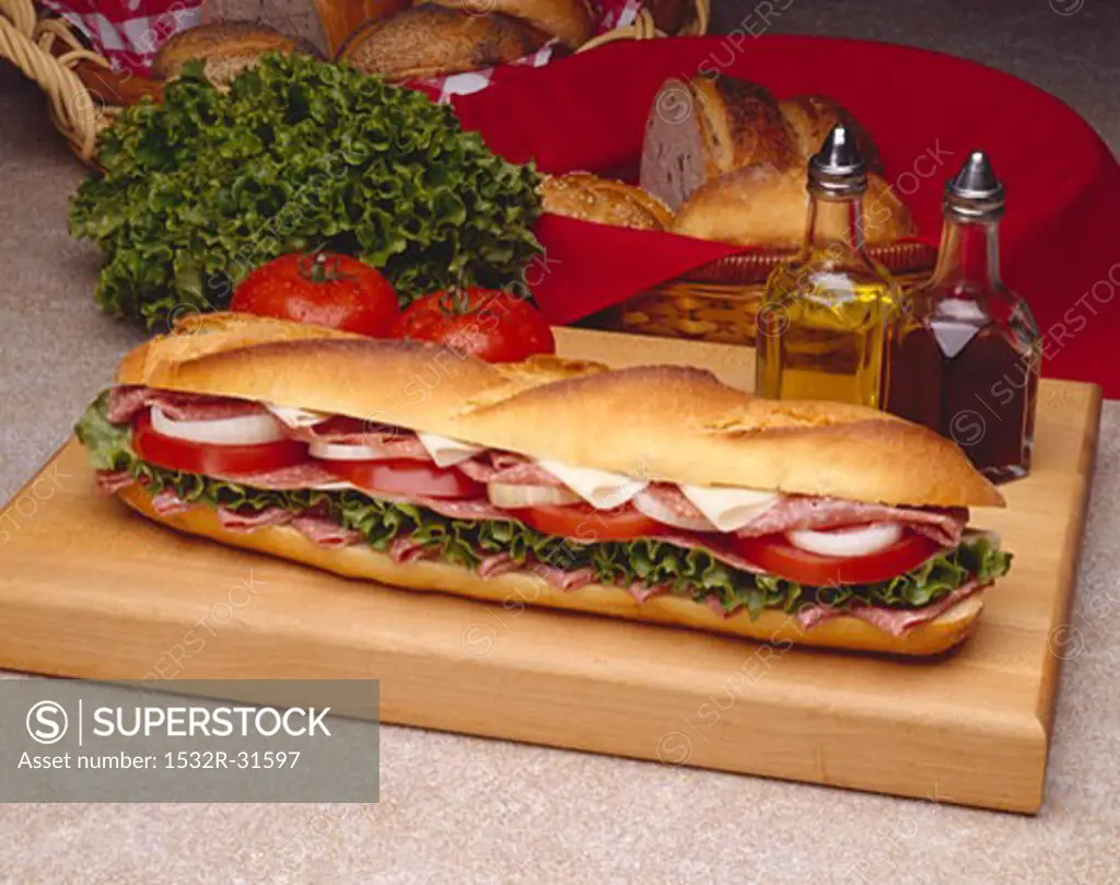 Salami and Provolone Submarine Sandwich on a Cutting Board