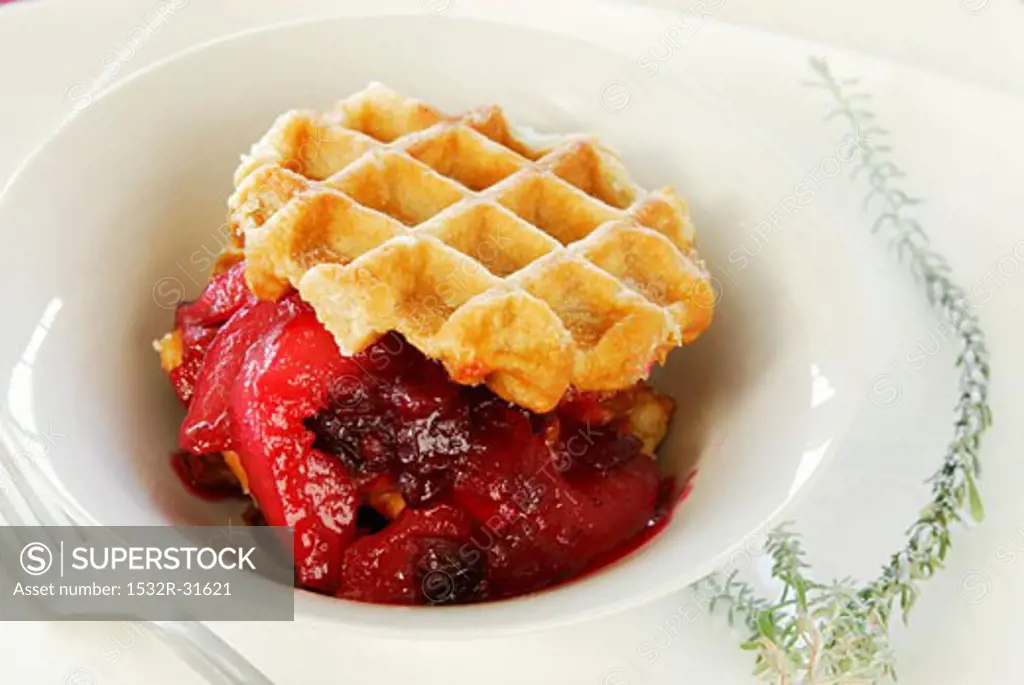 Waffles with apple and cranberry compote