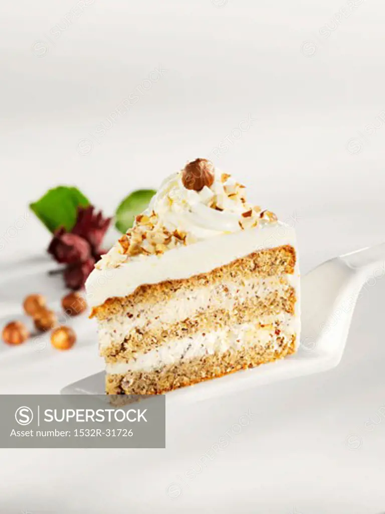 A piece of nut cake on a cake server