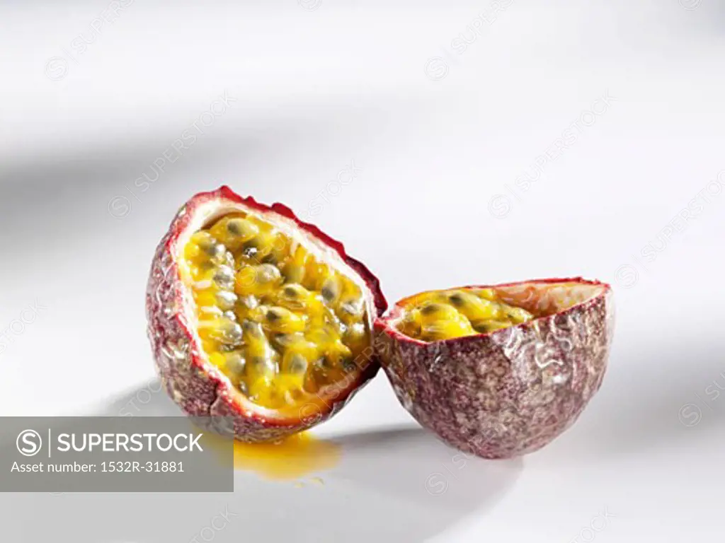 A halved passion fruit