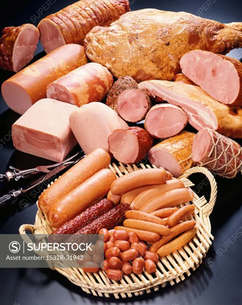 Various types of ham and sausages