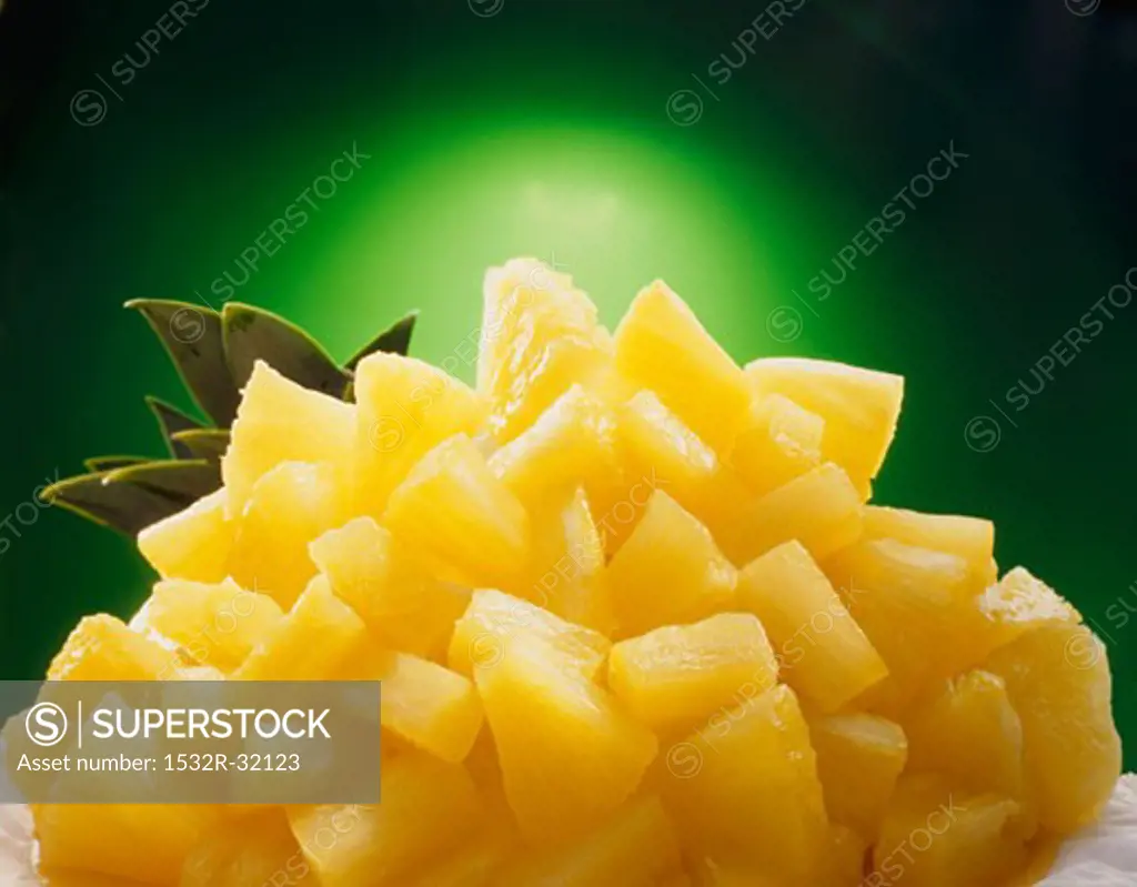 Pineapple chunks with pineapple leaves