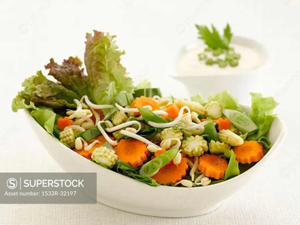 Mixed salad with carrots, lettuce and baby corn cobs