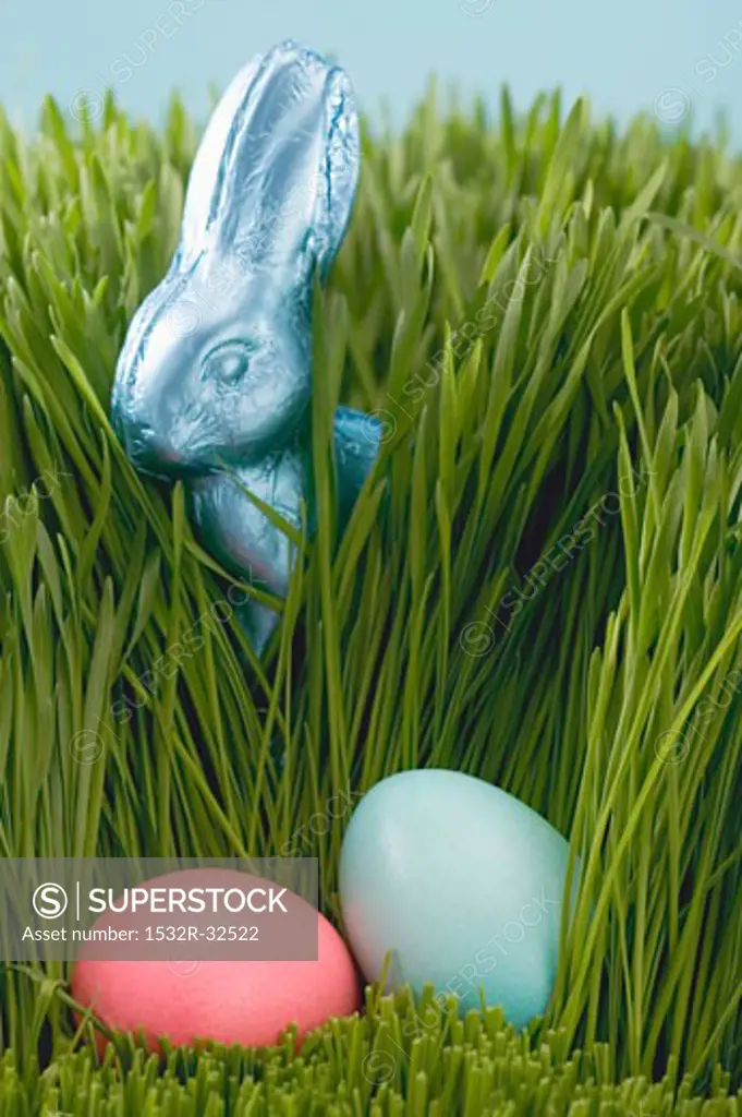 Easter Bunny and coloured eggs in grass