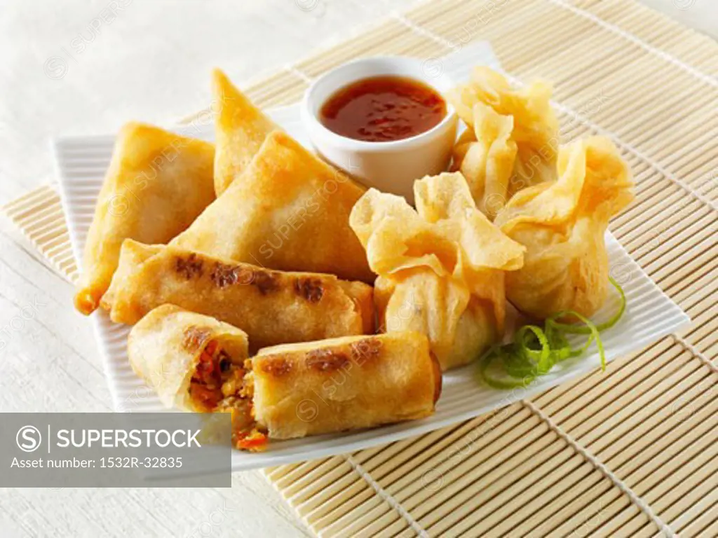 Spring rolls and wontons with dip (Asia)