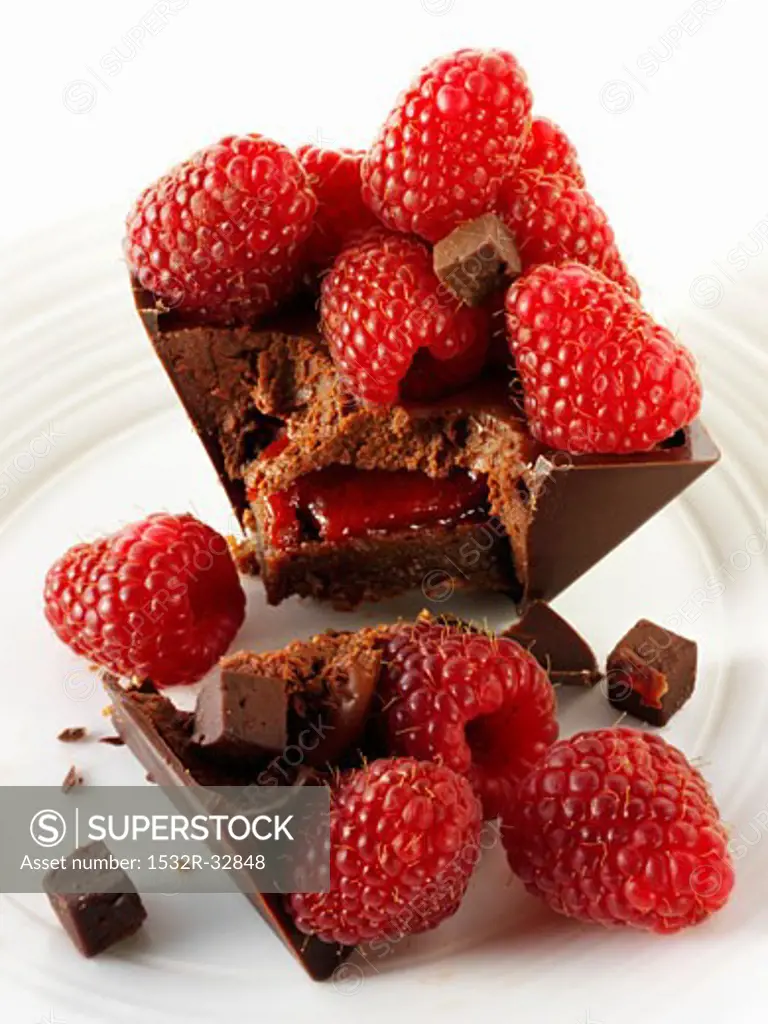 Small chocolate cake with raspberries