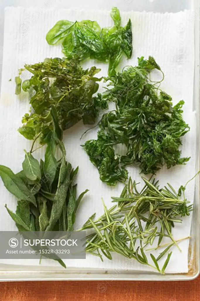 Deep-fried herbs on kitchen roll