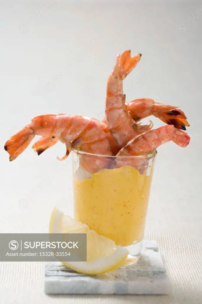 Tiger prawns with dip in glass