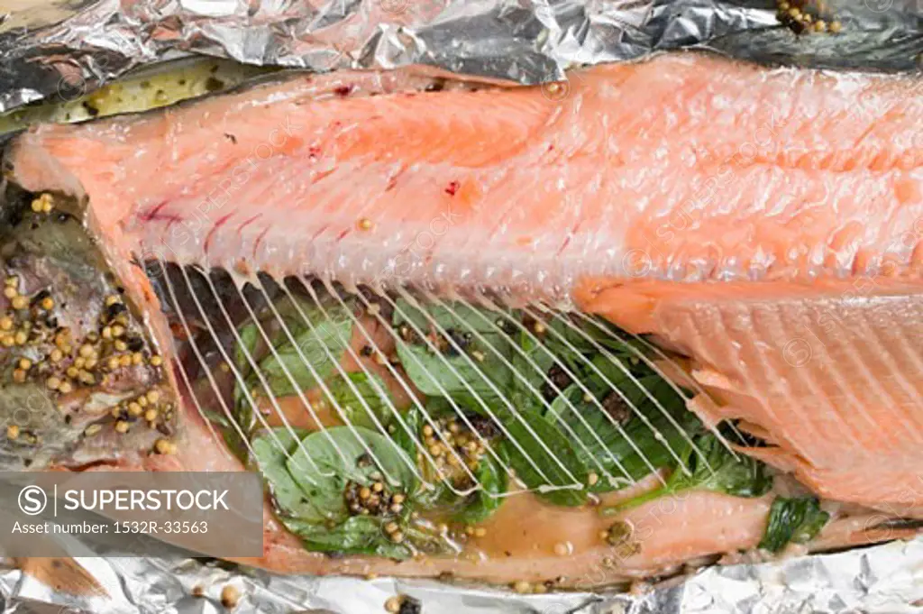 Salmon trout in aluminium foil (detail)