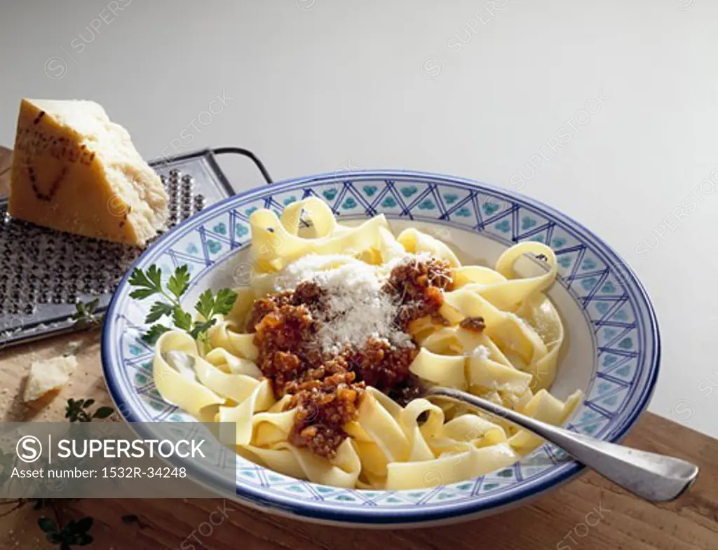Tagliatelle with Bolognese sauce and grated Parmesan