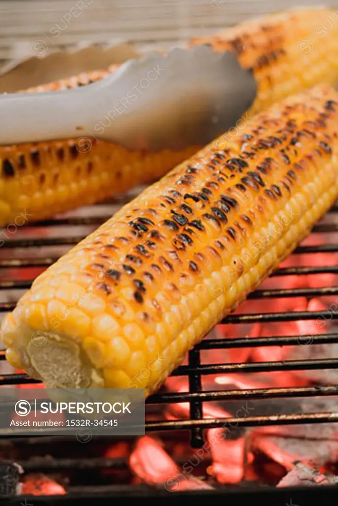 Corn on the cob on a barbecue with barbecue tongs
