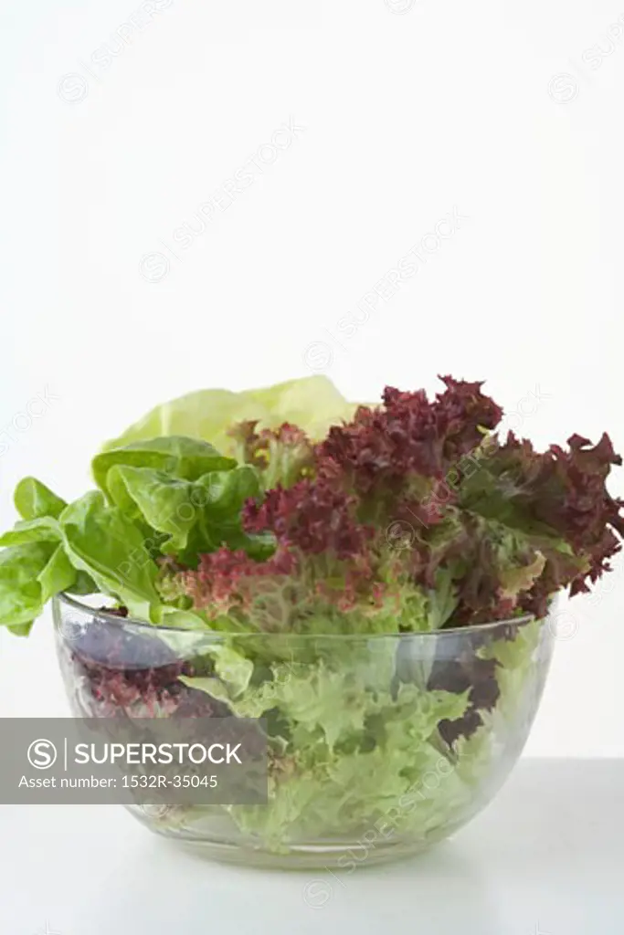 Mixed salad leaves in glass bowl