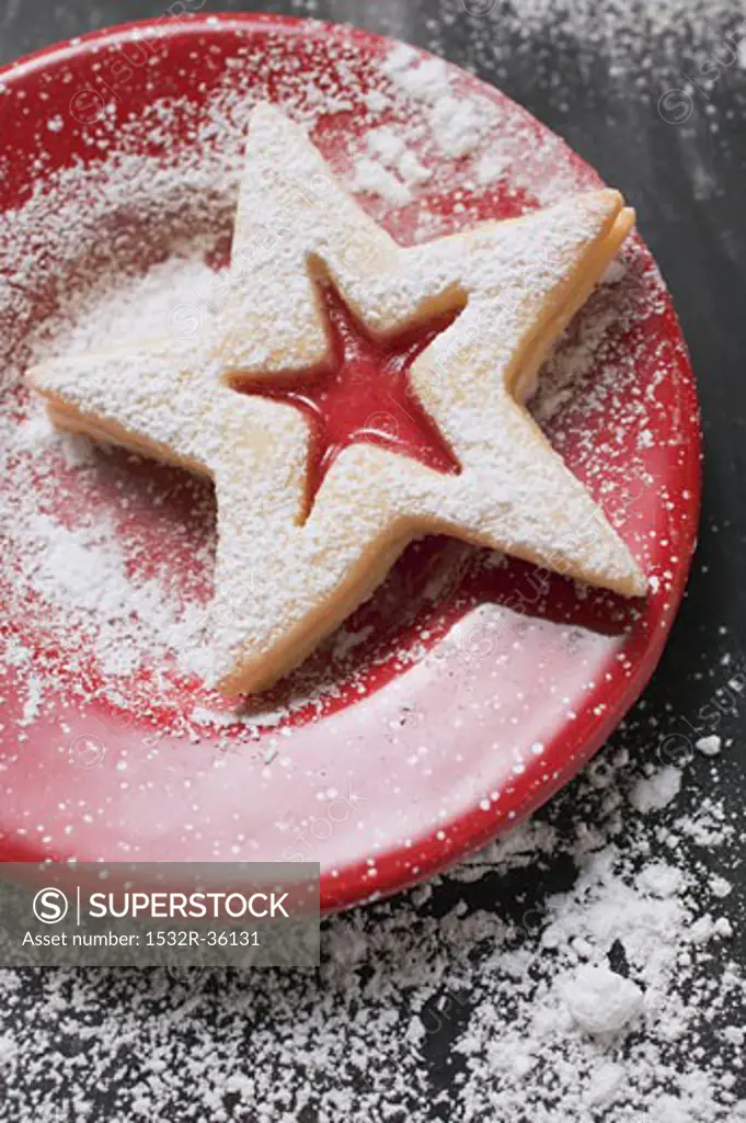 Jam biscuit with icing sugar on red plate