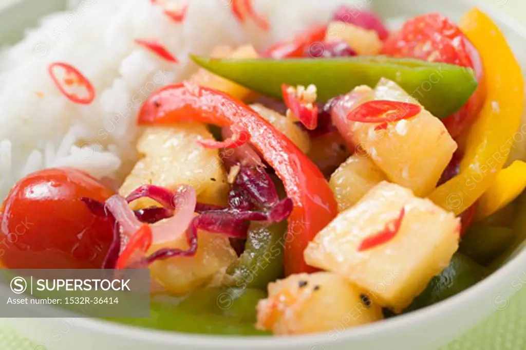 Fried vegetables with pineapple and rice (Asia)