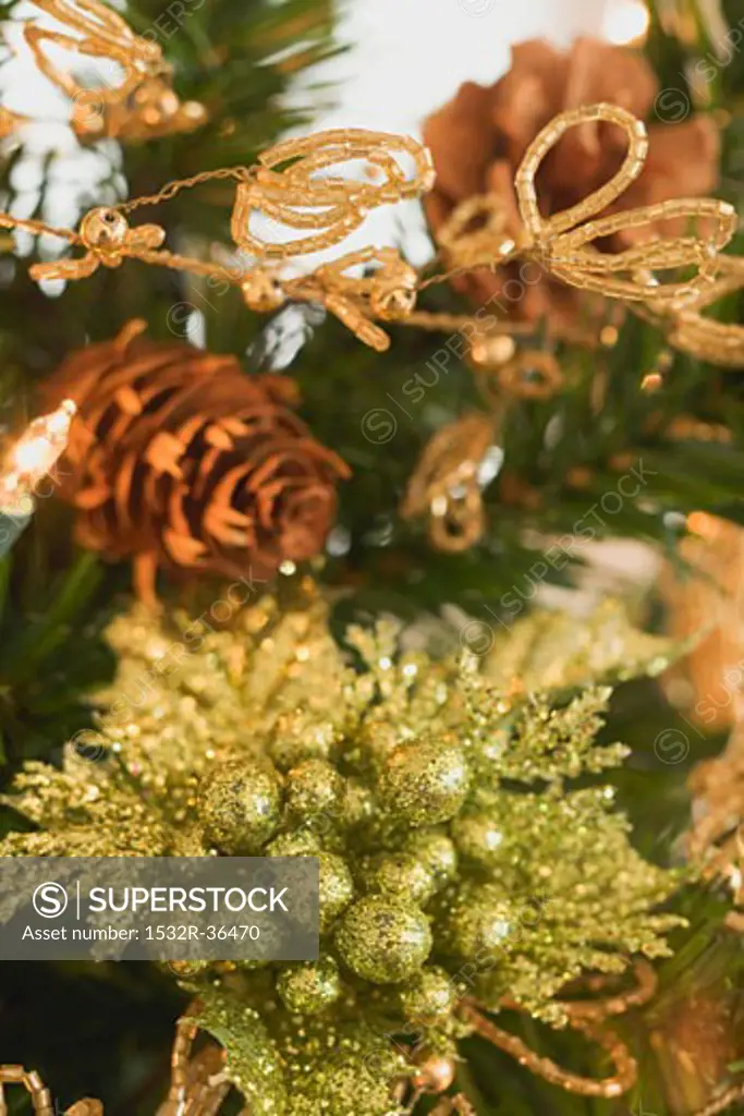 Christmas tree ornaments on artificial Christmas tree