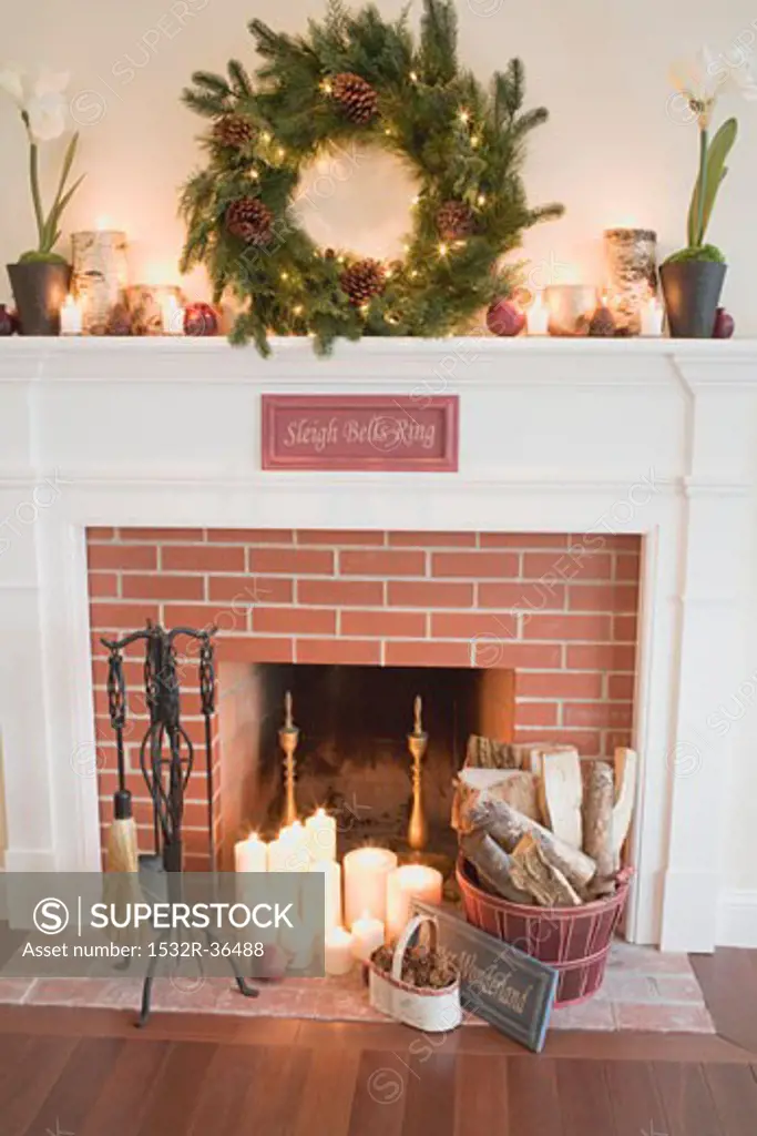 Fireplace decorated for Christmas in living room