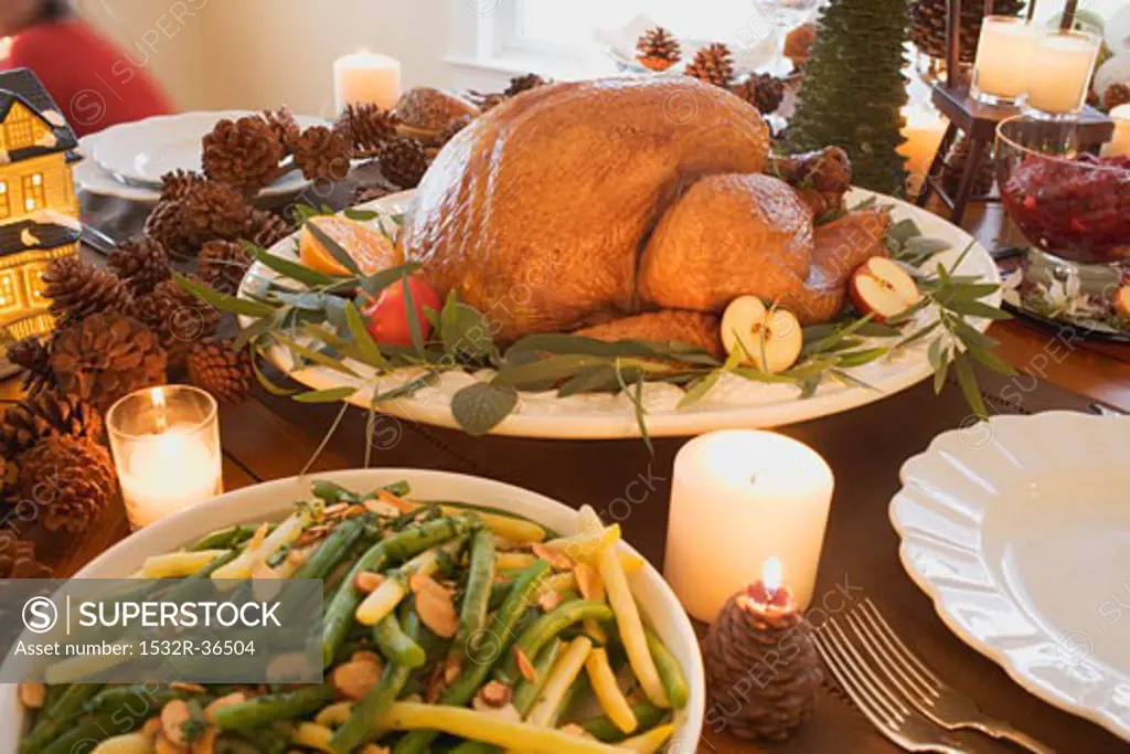 Turkey and beans with almonds on Christmas table (USA)