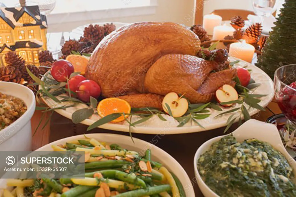 Roast turkey with all the trimmings on Christmas table (USA)