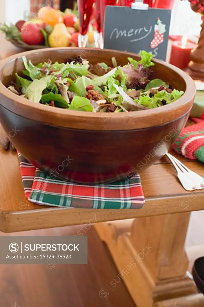 Mixed salad leaves on Christmas table (USA)