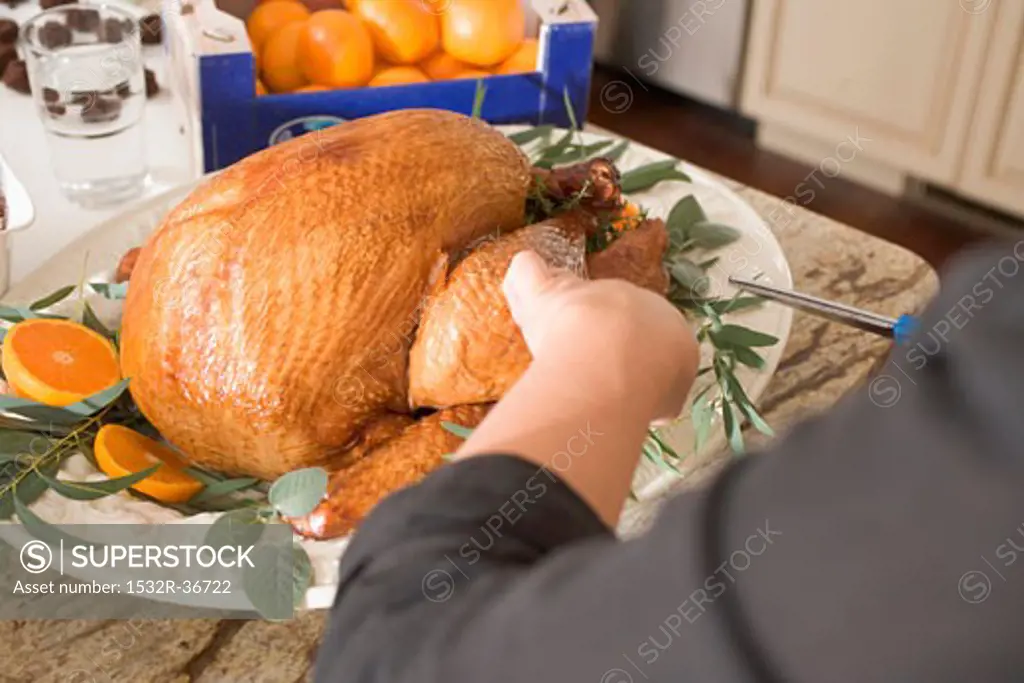 Garnishing roast turkey on platter