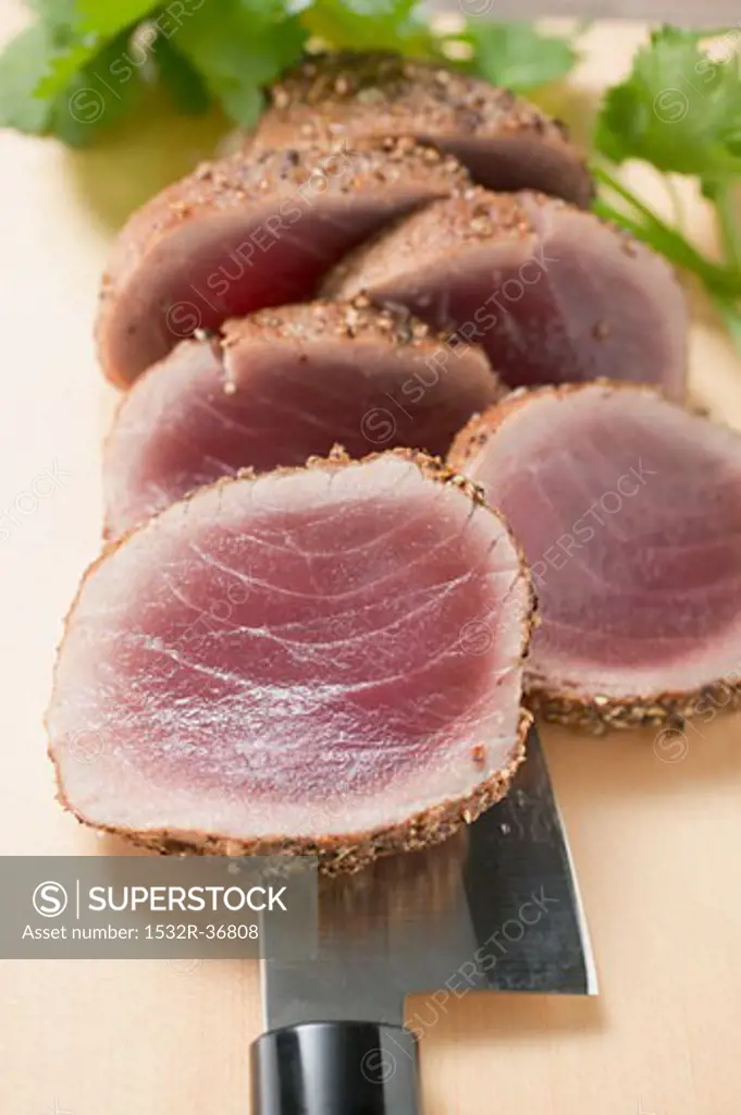 Seared, seasoned tuna fillet (close-up)