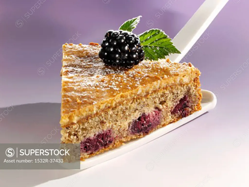 A piece of blackberry nut cake on cake server