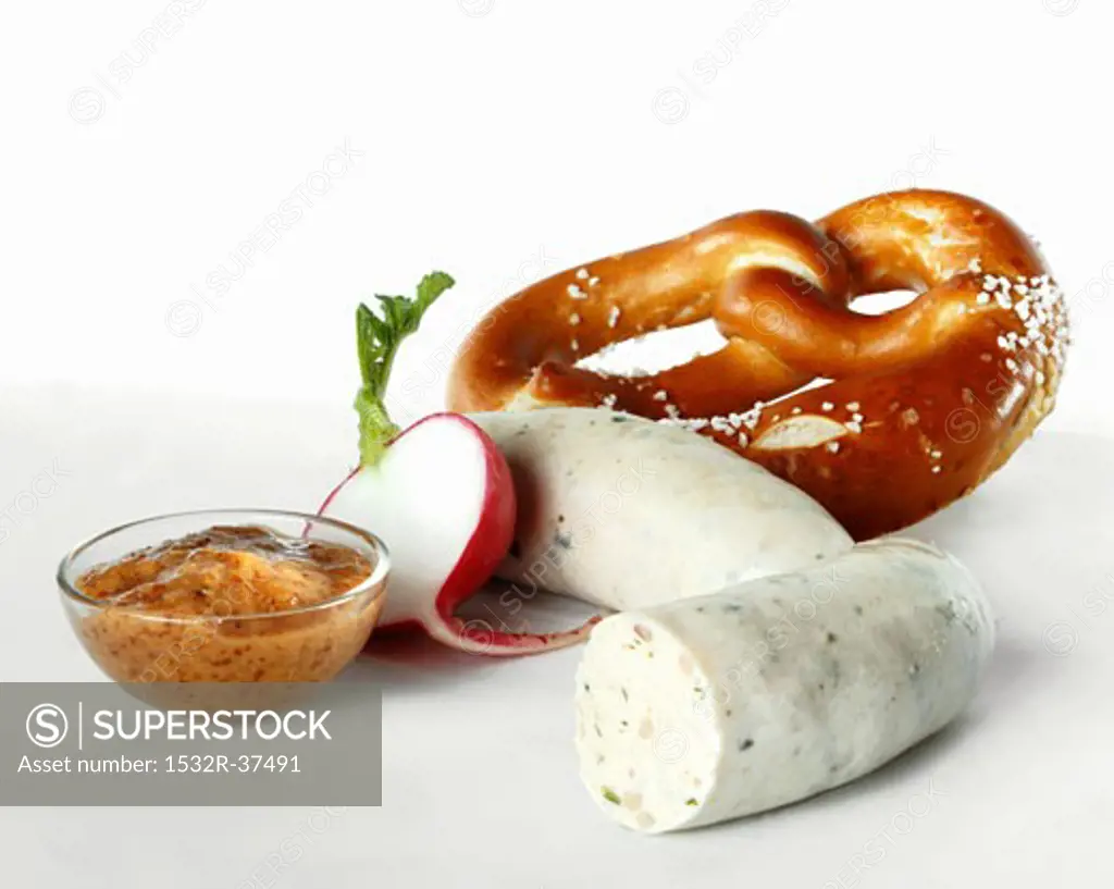 Weisswurst (white sausage) with pretzel and mild mustard