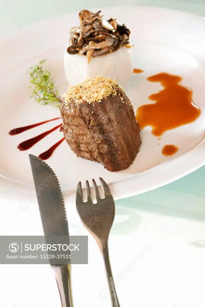Filet mignon with cashew crust & yam stuffed with mushrooms