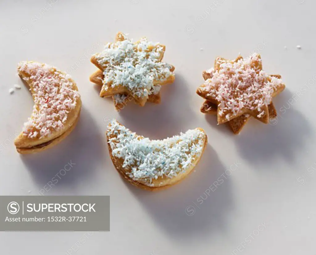 Moon & star biscuits with grated coconut & chocolate cream