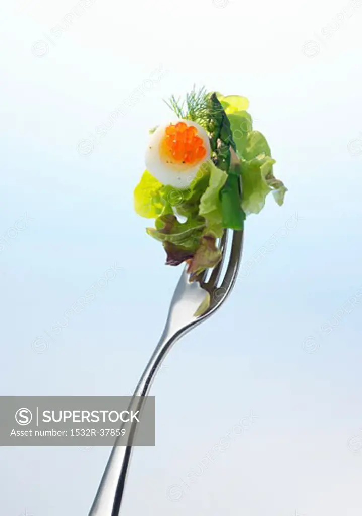 Lettuce, asparagus, quail's egg and red caviar on a fork